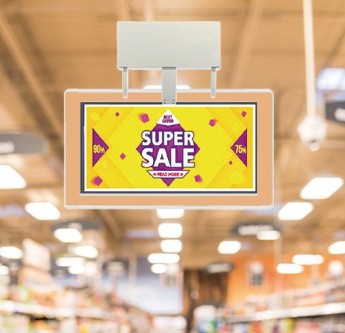 Double-sided window display ceiling-hung aisle installation
