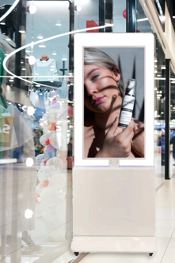 Double-sided window display totem installed in mall atrium