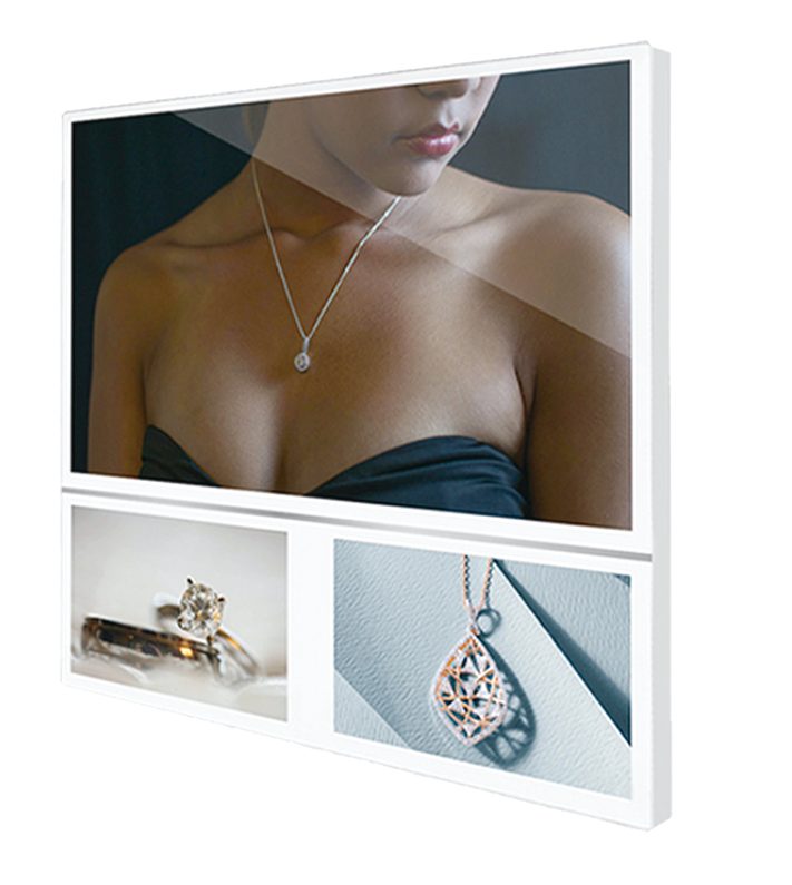 Elevator signage panel showing jewellery split-screen content