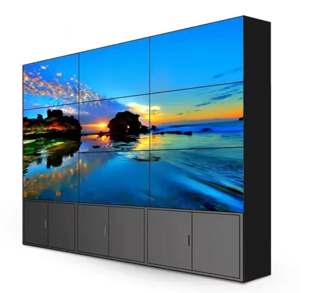LCD video wall on a free-standing cabinet base