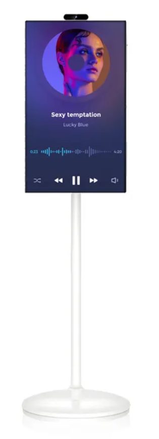 Stand By Me display in portrait mode on white round base