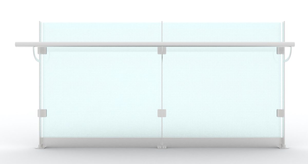 Transparent LED glass panel showing daylight see-through with content off