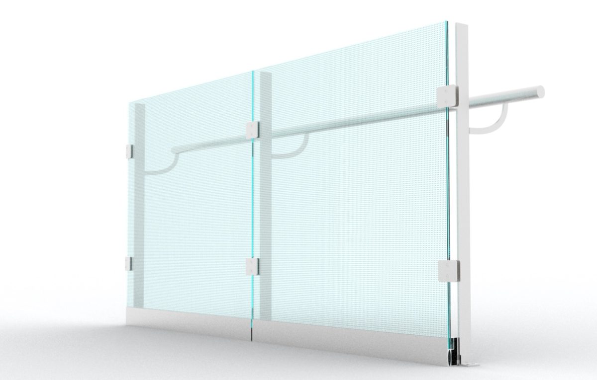 Transparent LED film mounted on a framed glass panel, angled view