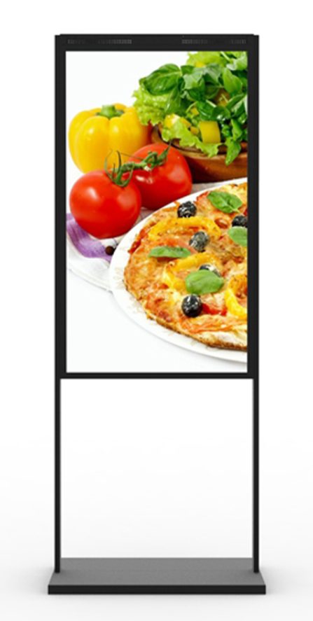 High brightness floor-standing window display showing a food menu